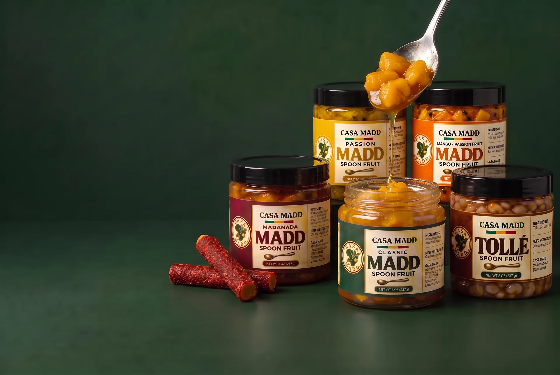 All five CASA MADD flavors: Original, MaddNada, Passion Fruit, Mango–Passion Fruit, and Tollé
