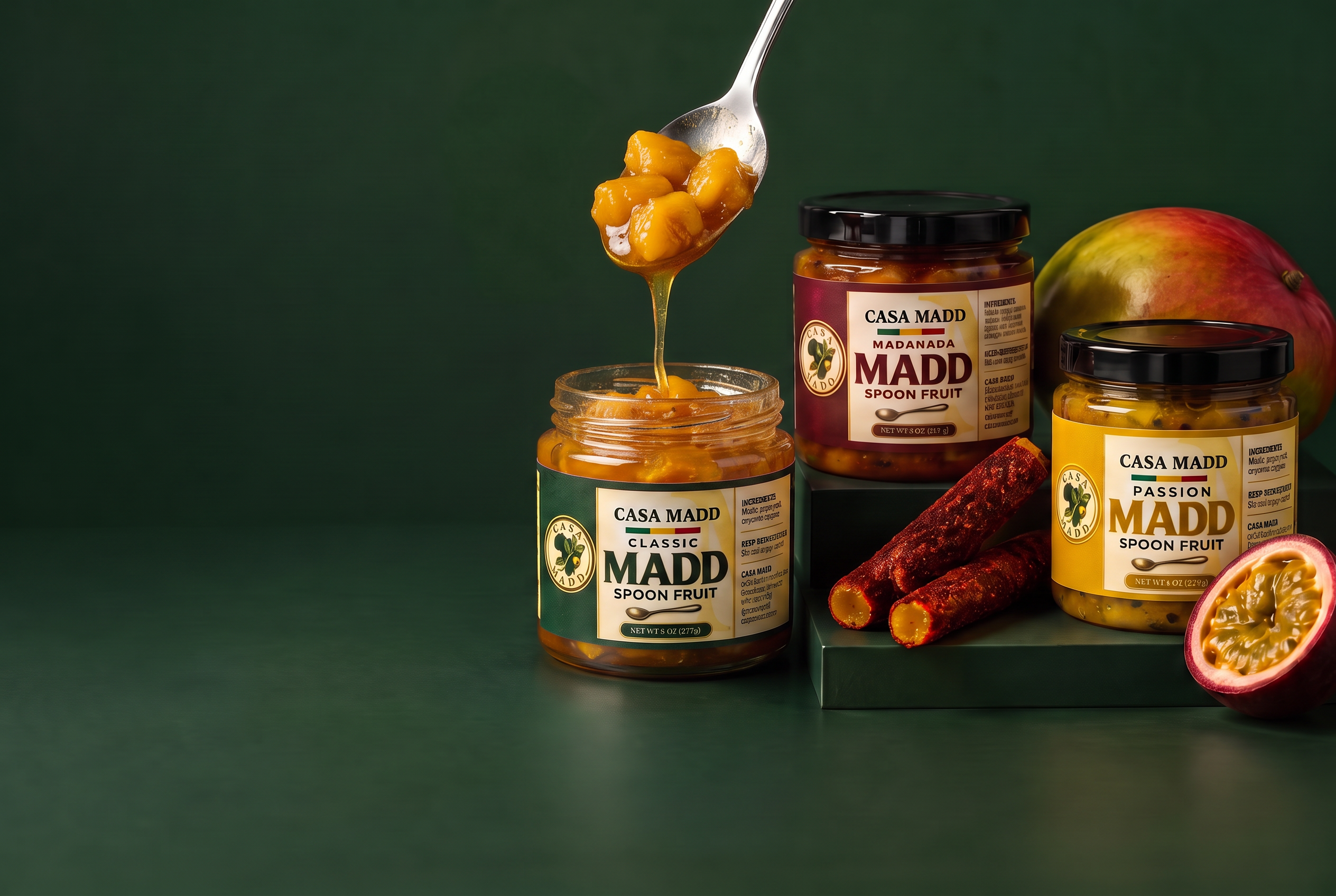 Classic, Madanada, and Passion CASA MADD jars with a spoon and red-coated tamarind candy sticks