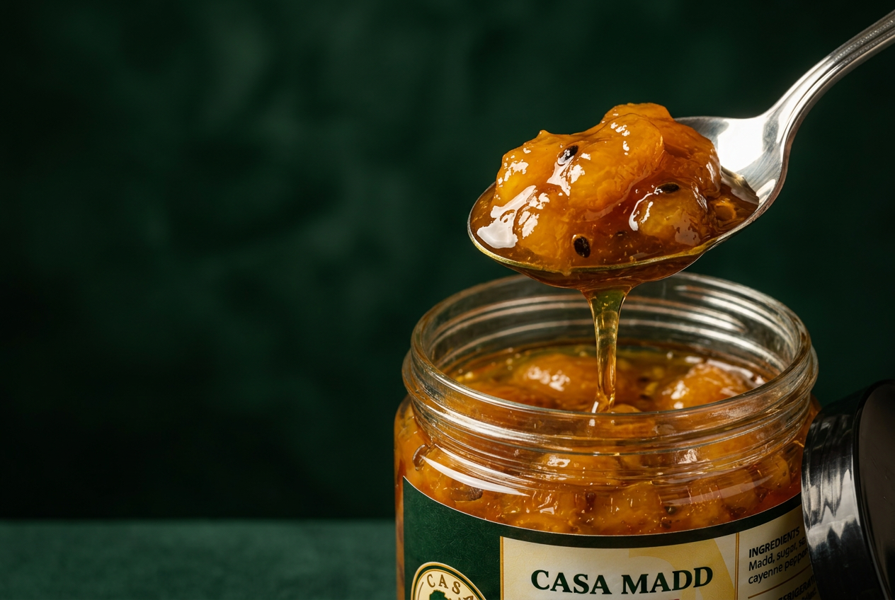 A spoon lifting glossy madd from an open CASA MADD jar